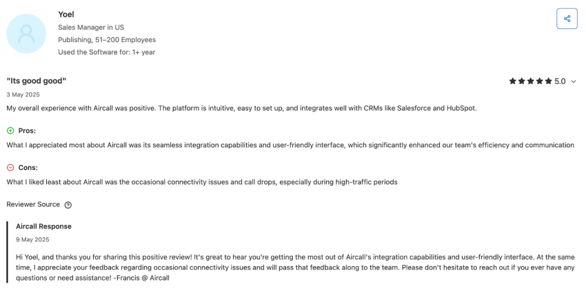 Five-star Aircall user review on Capterra - It