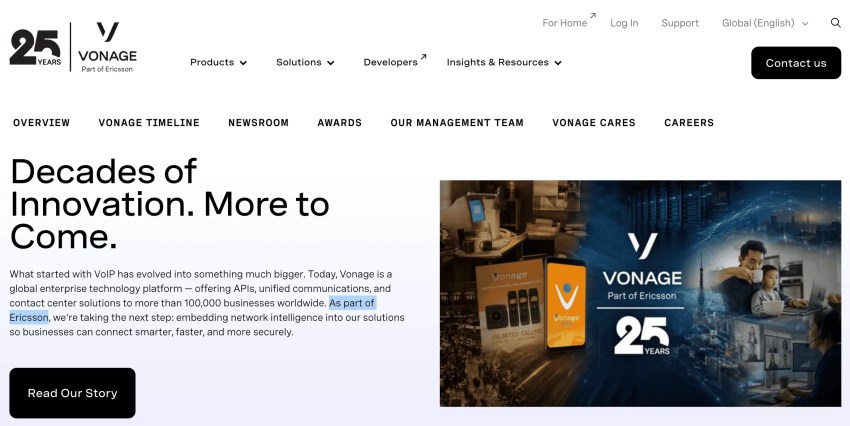 Screenshot of Vonage website stating that it is now part of Ericsson (as of July 2022).