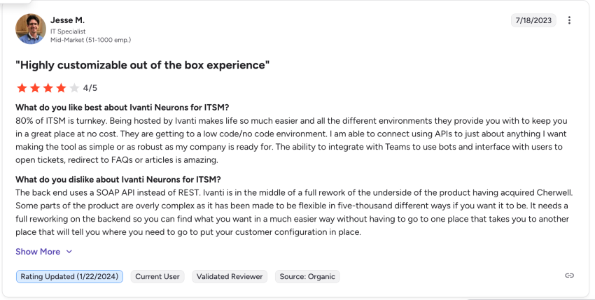 G2 user review - Ivanti