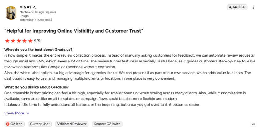 5-star customer review of Grade.us on G2: helpful for improving online visibility and customer trust