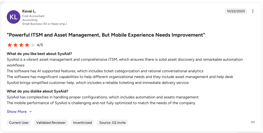 G2 user review - SysAid