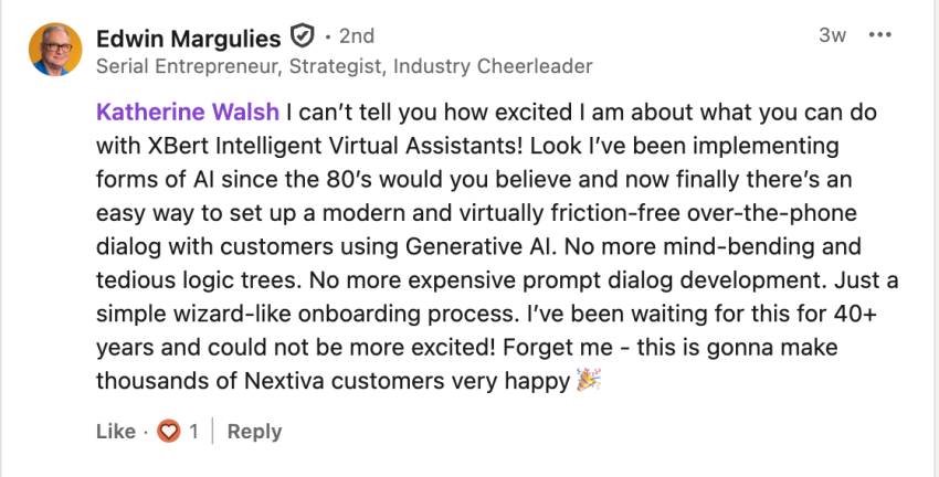 Screenshot of LinkedIn post from customer saying how excited she is about XBert Intelligent Virtual Assistants and how easy it is to set up and use.