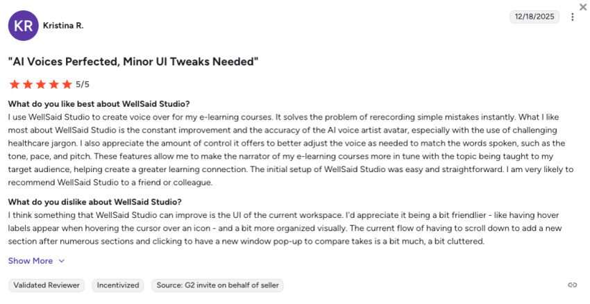 5-star user review on G2 for WellSaid Labs