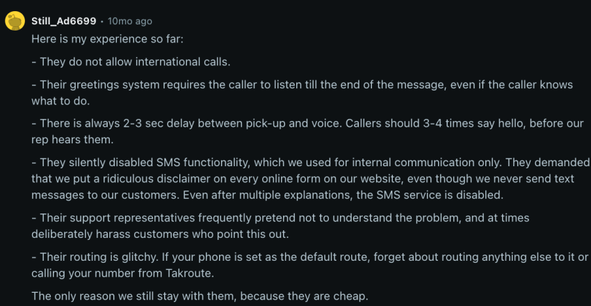 Reddit user review about Talkroute