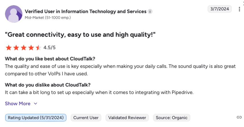 4.5-star user review of CloudTalk on G2: great connectivity, easy to use, high quality