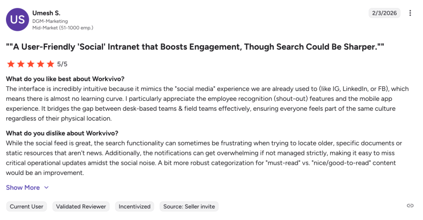 5/5 customer rating on G2 for Workvivo: A user-friendly 