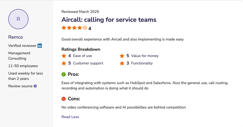 Aircall user review on Software Advice - easy to integrate with systems, such as HubSpot and Salesforce.