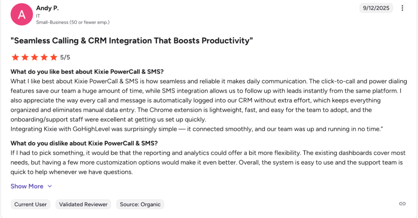 5-star G2 user review of Kikie, saying that they experienced seamless calling that boosts productivity