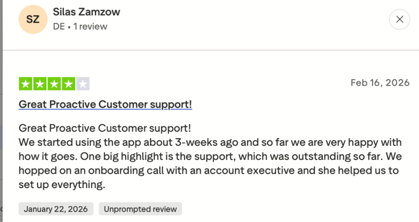 4-star user review of CloudTalk on Trustpilot: great customer support