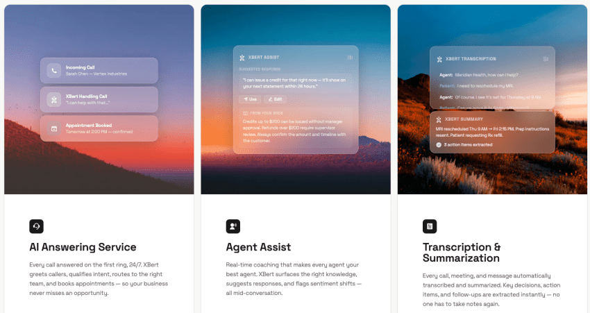 XBert Capabilities: AI Answering Service, AI Agent Assist, and Transcription & Summarization