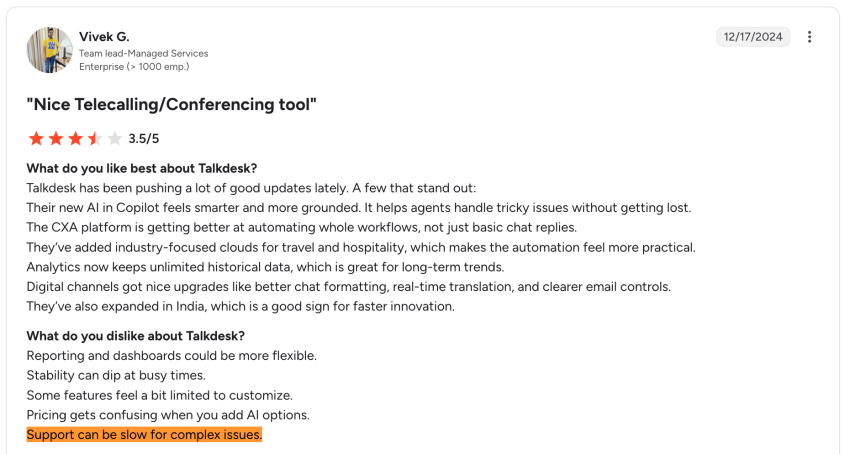 3.5-star customer review on G2 of Talkdesk: Support can be slow for complex issues