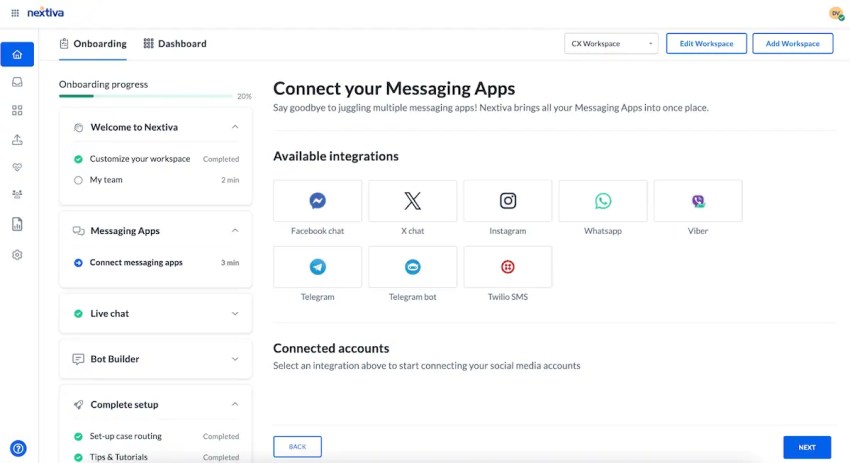 Nextiva onboarding process - connect your messaging apps