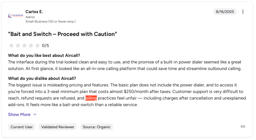 Aircall G2 review on billing