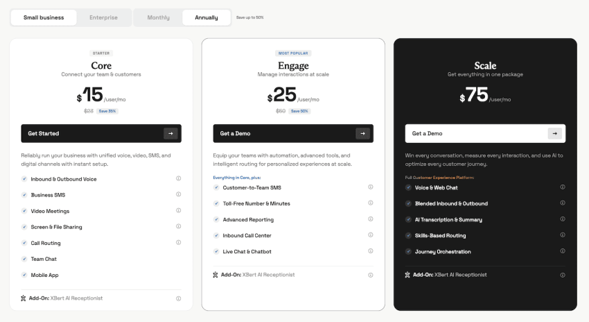 Nextiva pricing pricing plans: Core ($15), Engage ($25), Scale ($75)