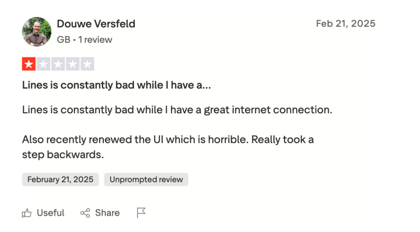 Aircall user review on Trustpilot - Line is constantly bad while I have a great internet connection 