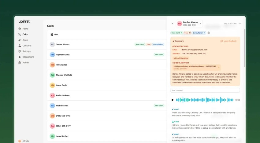 Screenshot of Upfirst calls dashboard. Upfirst is an AI answering service for small and midsize businesses.