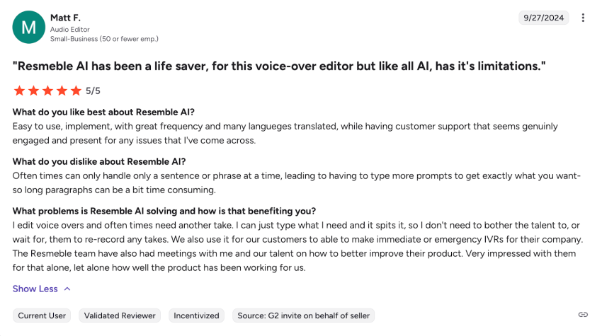 5-star user review on G2 for Resemble AI