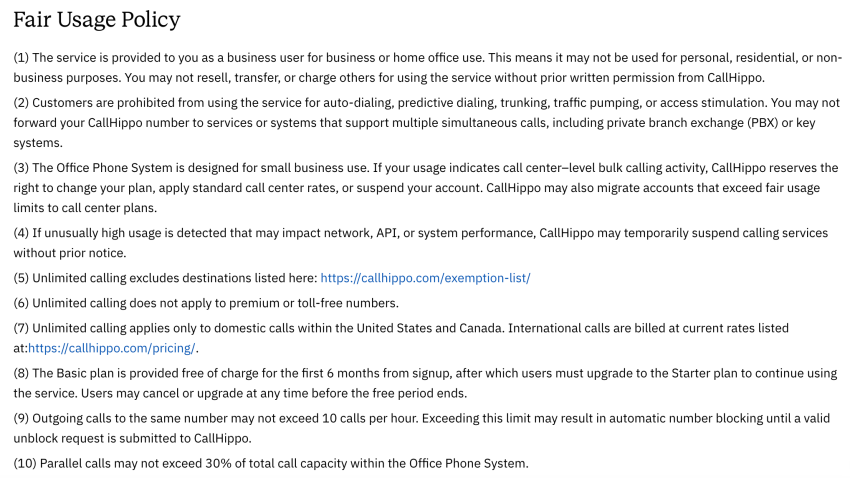 CallHippo's fair usage policy and restrictions