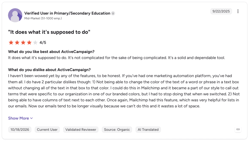 ActiveCampaign G2 review