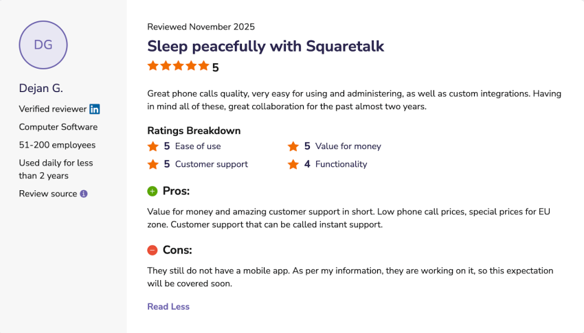 5-star Software Advice user review of Squaretalk, saying that you can sleep peacefully with Squaretalk