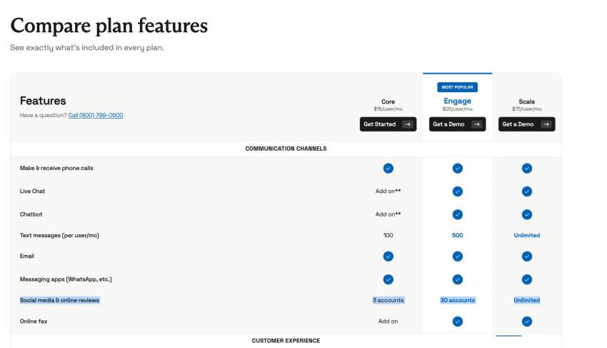Compare Nextiva plan features for three pricing plans (Core, Engage, Scale).