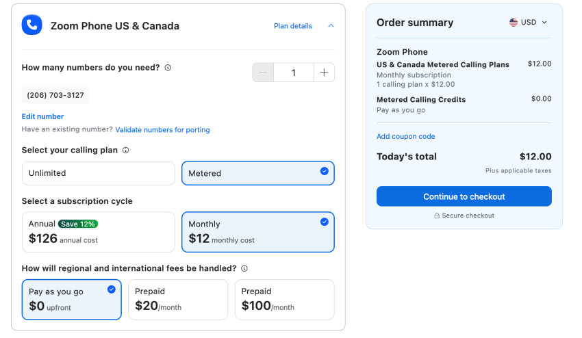 US & Canada Metered plan Zoom Phone