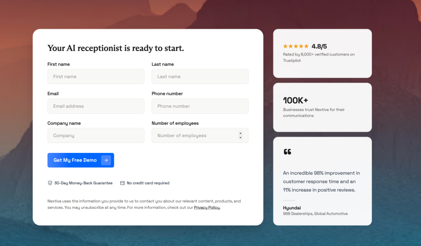 Nextiva XBert AI receptionist demo request form