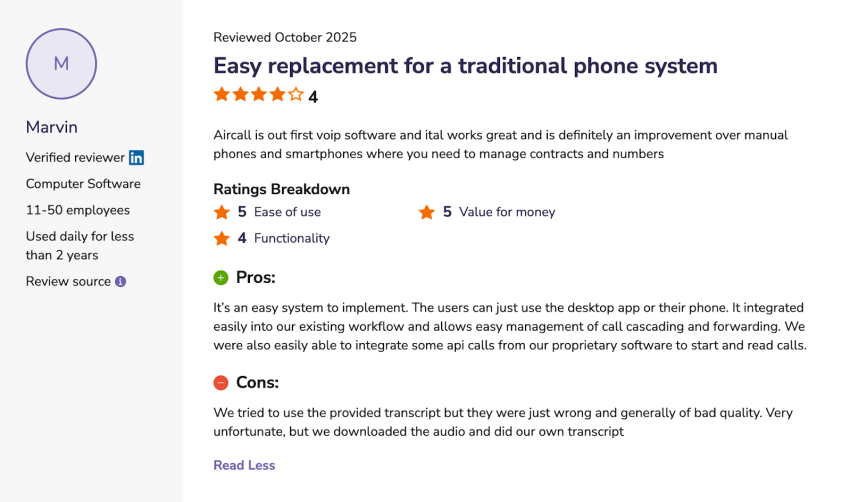 Aircall user review on Software Advice - easy replacement for a traditional phone system 