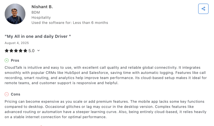 5-star user review of CloudTalk on Capterra: intuitive and easy to use, but pricing can become expensive as you scale or add features