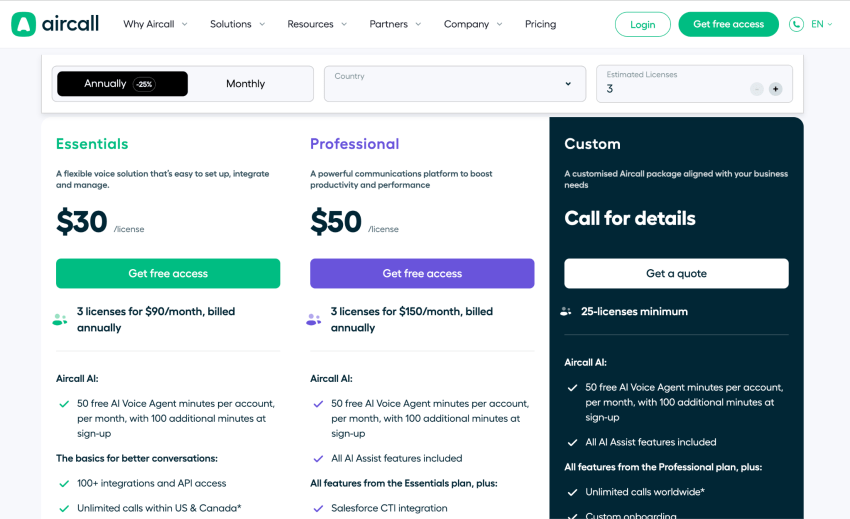 Aircall pricing page