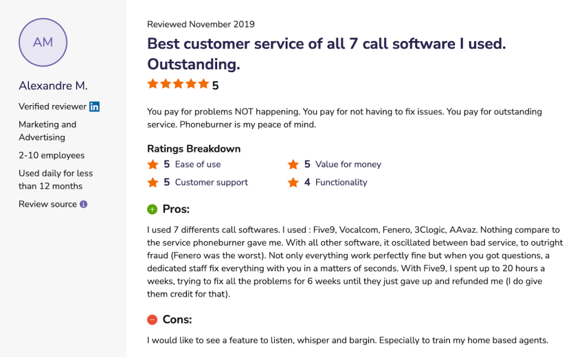 5-star Software Advice user review of PhoneBurner, saying that they experienced the best customer service