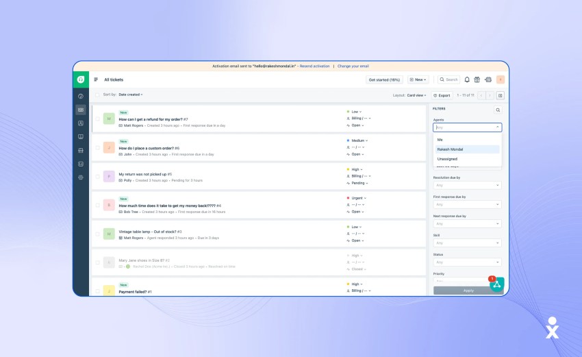 Freshdesk’s dashboard with a list of all tickets.