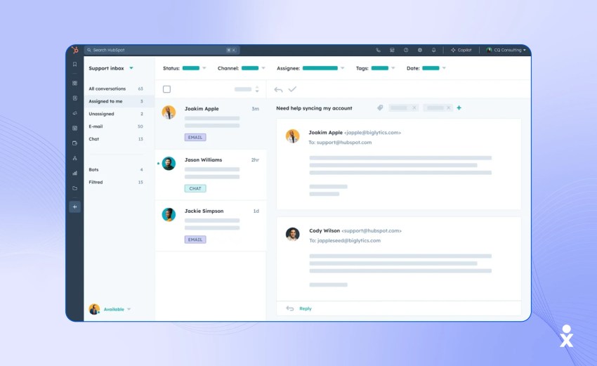 HubSpot’s dashboard featuring the support inbox.