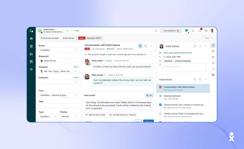 Zendesk’s dashboard with messages and interactions. 