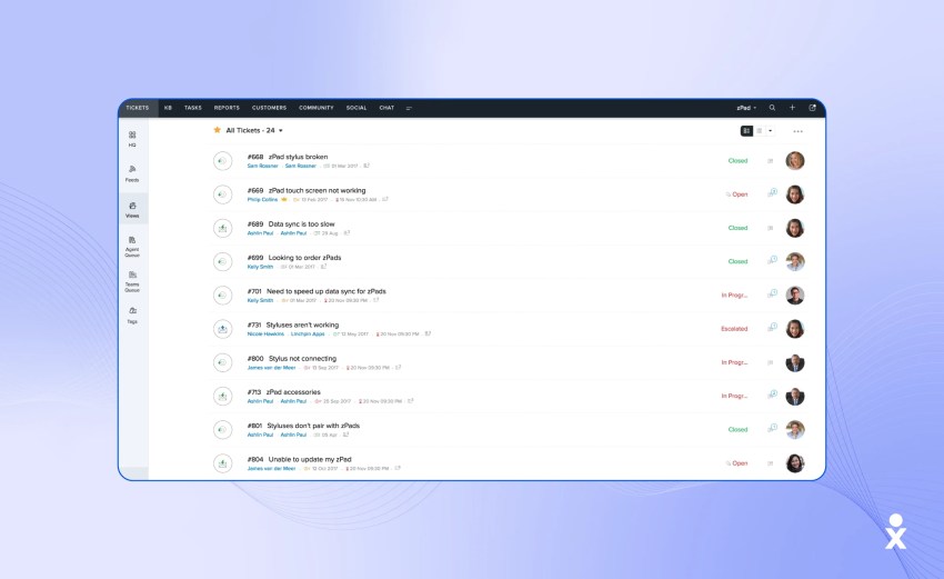 Zoho’s dashboard with all tickets. 