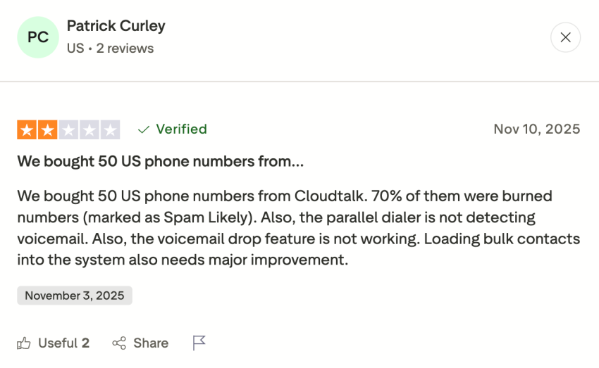 2/5 Trustpilot customer review of Cloudtalk