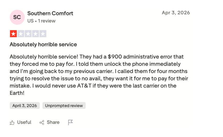 AT&T user reviewer on Trustpilot reported that support calls were not documented in the system, forcing them to re-explain issues from scratch across multiple calls with no resolution. 