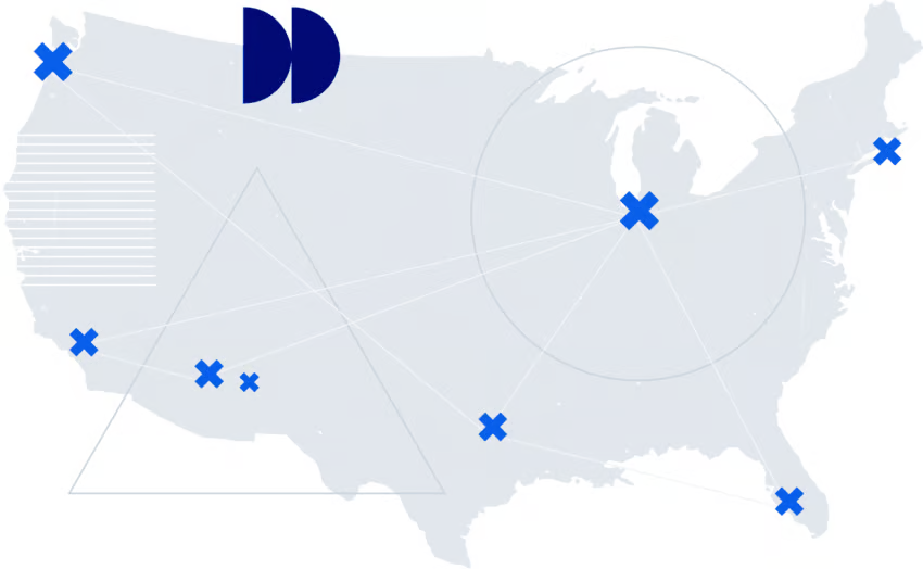 Map showing locations of the eight redundant U.S. data centers that Nextiva maintains