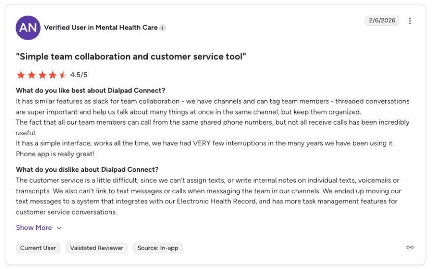 Dialpad user review on G2