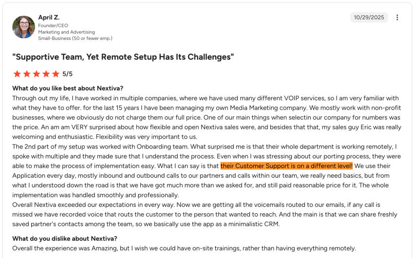 5-star customer review on G2 of Nextiva: Their customer support is on a different level!