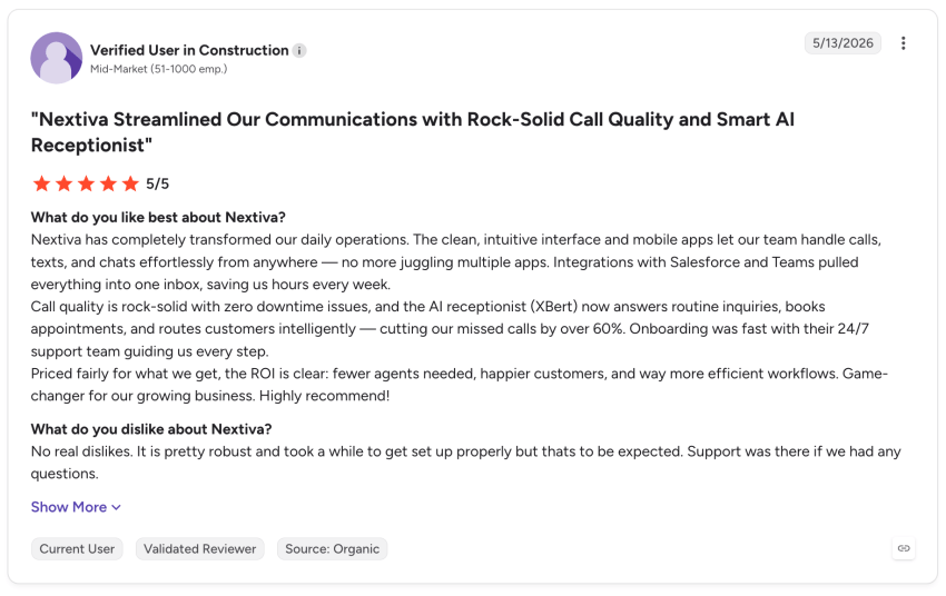 5-star G2 user review about Nextiva and XBert AI: "Nextiva Streamlined Our Communications with Rock-Solid Call Quality and Smart AI Receptionist"