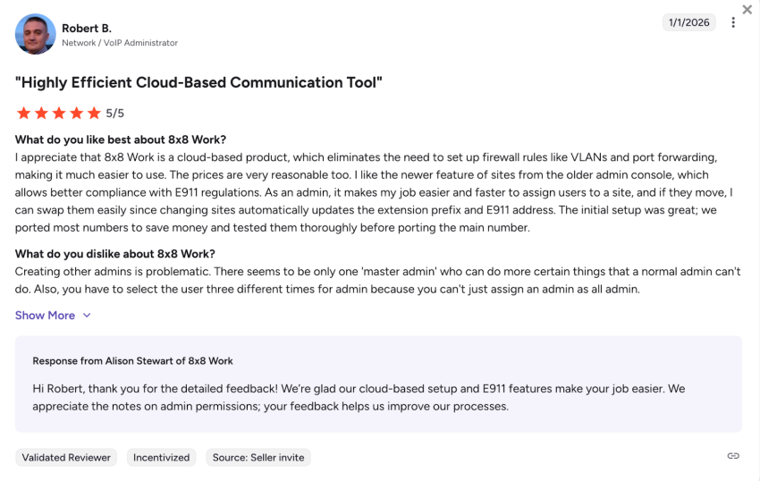 8x8 Work user review on G2: highly efficient cloud-based communication tool