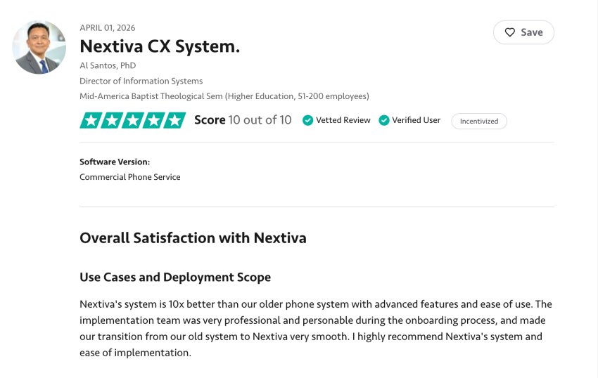 10/10 customer rating on Trustpilot for Nextiva