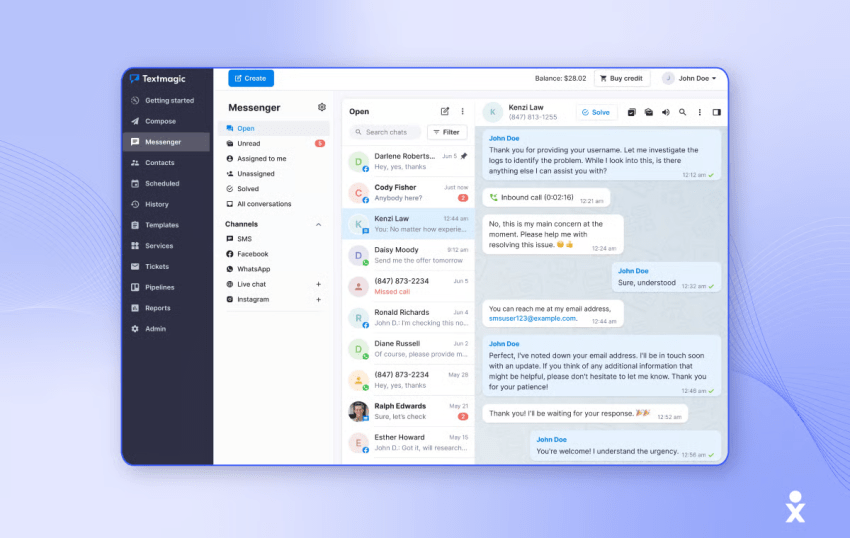 Conversation inbox from the best text messaging service for business, where chats are organized and assigned to team members.