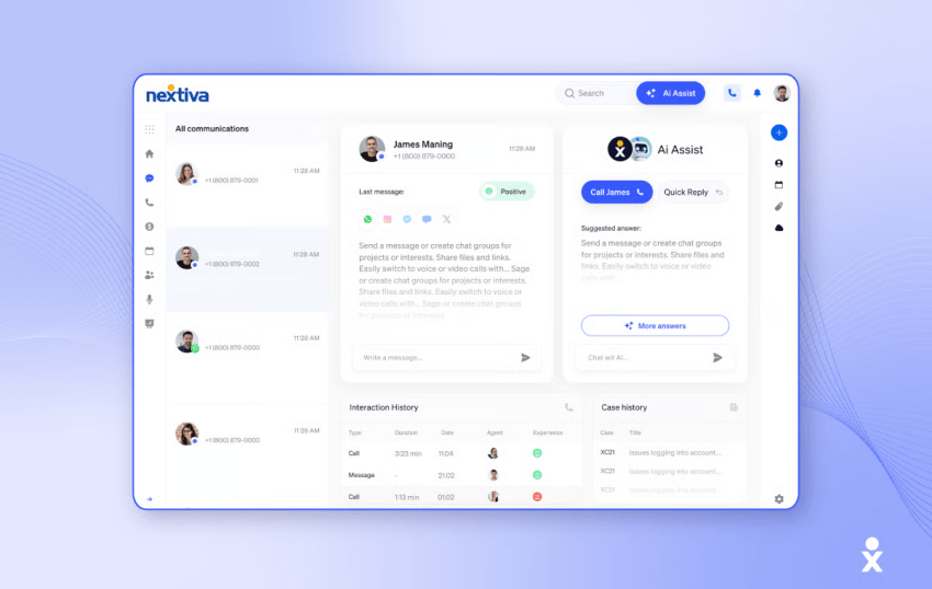 Business chat view in the best text messaging service for business, showing a customer conversation and AI-powered reply options.
