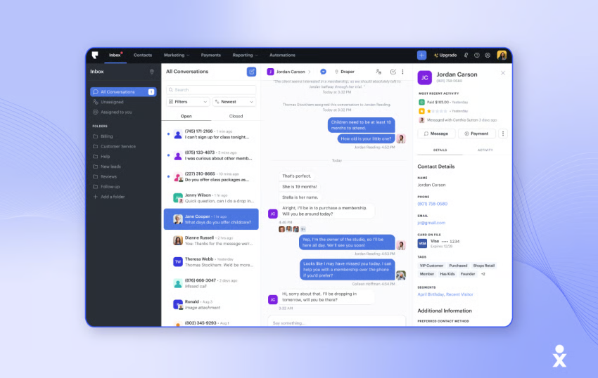 Messaging inbox view from a text messaging service for business, displaying customer chats and internal team notes.

