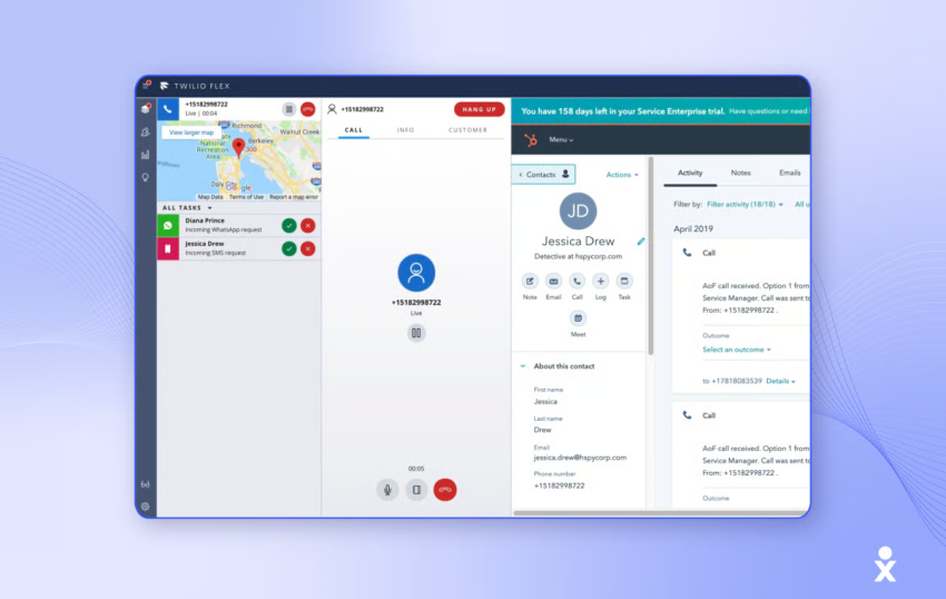 Unified communications screen from the best text messaging service for business, showing an active call, map, and contact details.