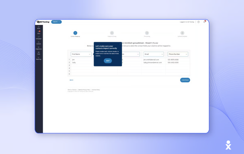 Contact import screen from a text messaging service for business, with data fields mapped for names, emails, and numbers.