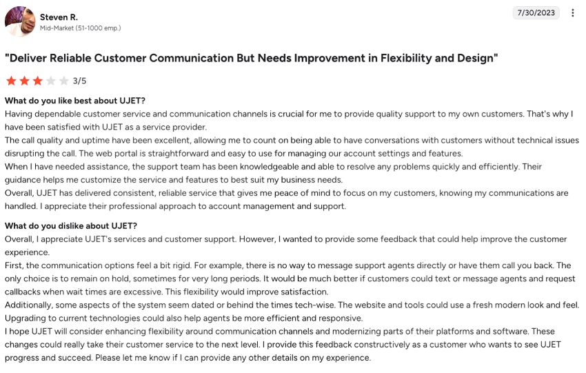 G2 UJET user review complains about limited communication options for customer service and long waiting times for support