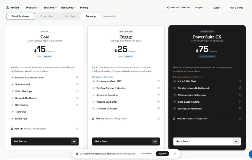 Nextiva pricing tiers ($15/$25/$75)